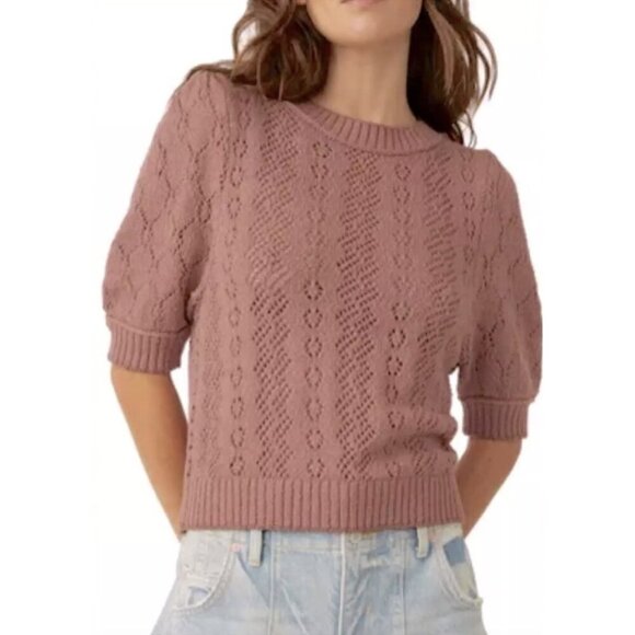 Joie Pink Pointelle Crewneck Sweater with Puff Short Sleeves, Size M - Picture 1 of 7